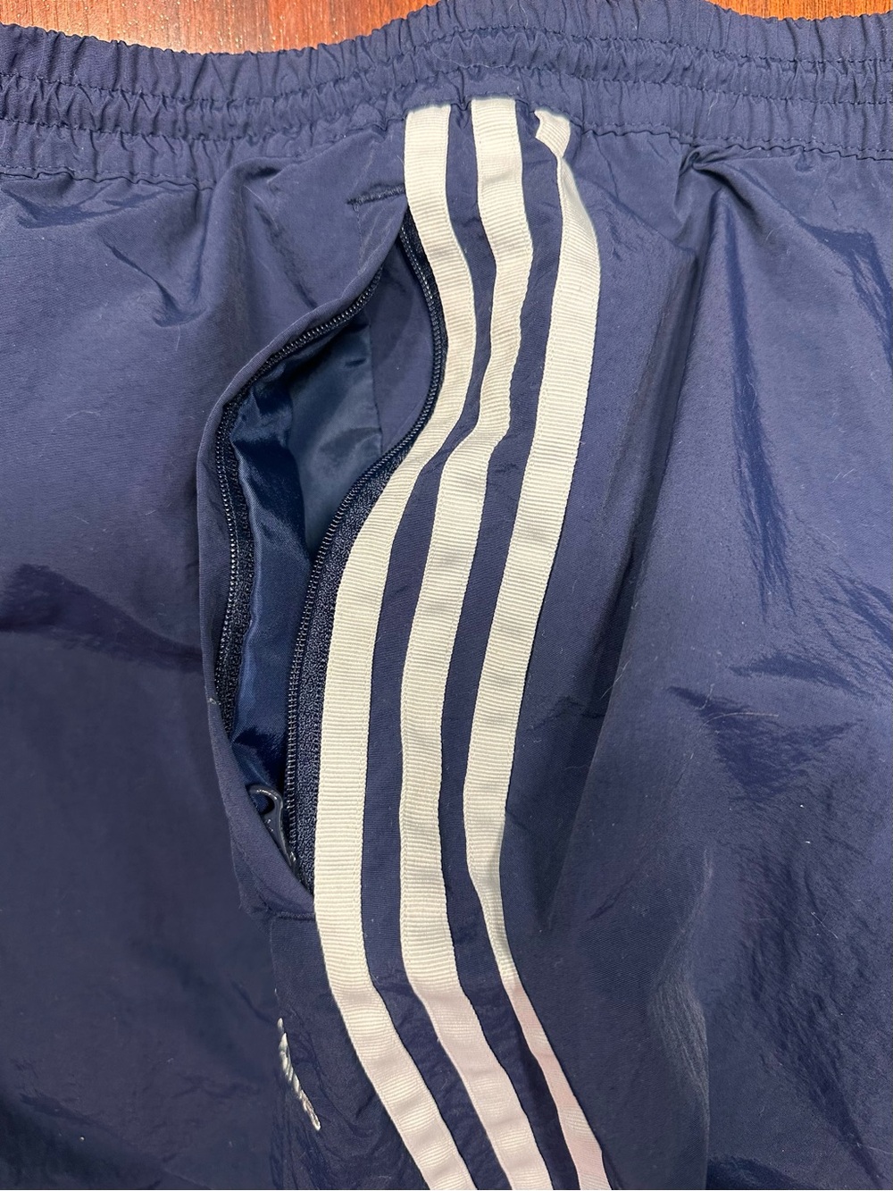 adidas Navy Track Pants with White Stripes and Red Knee Panels - Picture 4 of 7